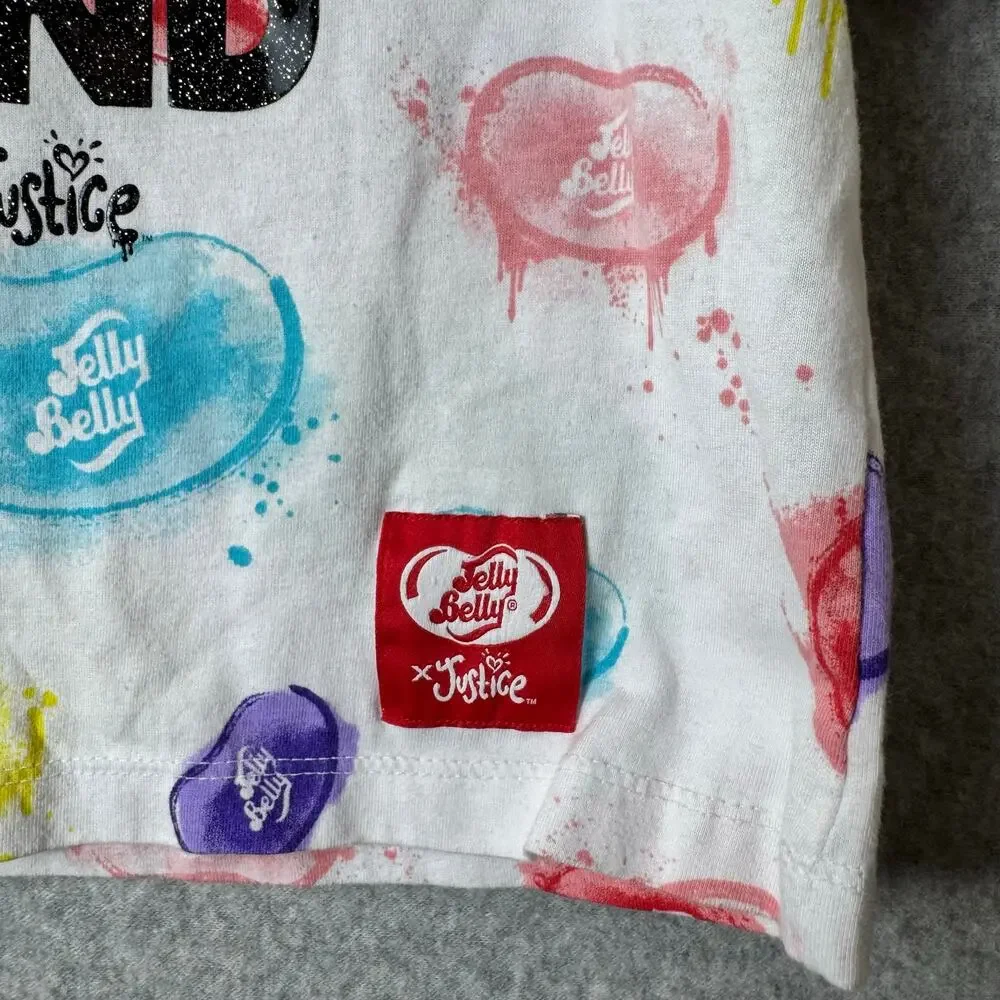 Vintage Justice Overalls & T-Shirt Jelly Belly Girls Size 7 Retro Rainbow Shorts